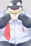  2018 anthro bake_gosut black_skin blush cetacean chubby_cheeks clothed clothing digital_media_(artwork) eyeless fully_clothed male mammal marine necktie open_mouth orca overweight overweight_male pants shirt slightly_chubby smile solo sweat undoing_clothes undoing_shirt whale white_skin でぶしゃち 