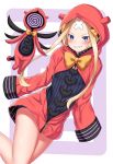  abigail_williams_(fate/grand_order) alternate_costume bandaid_on_forehead bangs blonde_hair blue_eyes blush bow crossed_bandaids fate/grand_order fate_(series) hair_bow highres hitotsuki_nebura hood hoodie long_sleeves looking_at_viewer orange_bow sharp_teeth simple_background smile teeth wide_sleeves 