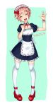  :d ^_^ alternate_costume apron bow bow_footwear closed_eyes commentary cryingrobot doki_doki_literature_club english_commentary enmaided facing_viewer frilled_apron frills full_body green_background hair_bow hand_up high_heels highres maid maid_headdress open_mouth pink_hair puffy_short_sleeves puffy_sleeves red_bow red_footwear sayori_(doki_doki_literature_club) shoes short_hair short_sleeves simple_background smile solo thighhighs waving white_legwear wrist_cuffs zettai_ryouiki 