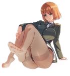  blonde_hair brave_witches breasts feet foot_worship green_eyes gundula_rall highres large_breasts military military_uniform pantyhose purofu_hitsudoku sadism short_hair simple_background sitting smile soles strike_witches toes uniform world_witches_series 