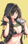  adapted_costume armband bangs bikini black_bikini black_hair blonde_hair blush braid breasts cenangam cleavage collarbone commentary_request eyepatch girls_frontline holding_flask hood hood_up hooded_jacket jacket korean_commentary large_breasts licking_lips long_hair looking_at_viewer m16a1_(girls_frontline) mole mole_on_breast mole_under_eye multicolored_hair navel open_clothes open_jacket scar simple_background sleeves_rolled_up solo stomach streaked_hair swimsuit tank_top tank_top_lift tongue tongue_out wristband yellow_background 