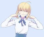  ^_^ ^o^ ahoge artoria_pendragon_(all) bangs blonde_hair blue_background blue_ribbon blue_skirt blush bow bowtie closed_eyes eyebrows_visible_through_hair facing_viewer fate/stay_night fate_(series) fateline_alpha finger_to_cheek hair_between_eyes hair_ribbon hands_up highres jewelry long_sleeves neck_ribbon pointing pointing_at_self ribbon ring saber shirt short_hair sidelocks simple_background skirt smile solo upper_body wedding_band white_shirt 