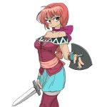  bangs bare_shoulders blue_skirt bow bracelet breasts brown_eyes collarbone cowboy_shot gobori holding holding_shield holding_sword holding_weapon jewelry large_breasts long_hair off_shoulder original pink_hair purple_bow shield simple_background skirt solo sword weapon white_background 