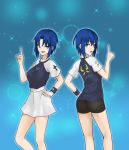 ass axia-chan bike_shorts blue_eyes blue_hair ciel hand_on_hip highres looking_at_viewer multiple_outfits multiple_views pointing pointing_up short_hair sketch skirt smile tsukihime type-moon white_skirt 