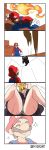  1boy 1girl 5koma absurdres blonde_hair bowser bowsette breasts comic dress facial_hair from_above gloves goomba grey_panties grin hat highres large_breasts mario mario_(series) mustache new_super_mario_bros._u_deluxe nintendo nisego overalls panties pantyshot pointy_ears ponytail print_panties smile super_crown super_mario_bros._3 thick_eyebrows underwear white_gloves 