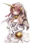  blue_eyes breasts commentary_request dress elbow_gloves fate/apocrypha fate/grand_order fate_(series) flower frankenstein's_monster_(fate) gloves hair_over_eyes headgear heterochromia highres holding holding_flower horn kame_(pixiv) looking_at_viewer pink_hair short_hair small_breasts solo veil wedding_dress white_dress white_gloves yellow_eyes 