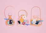  bag bottle commentary earbuds earphones flower label meyoco no_humans original perfume_bottle pink_background pink_flower shiny simple_background solo sparkle strap transparent white_flower yellow_flower 