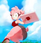  2018 amy_rose anthro big_butt blush breasts butt clothed clothing cloud eyelashes female fingerless_gloves fully_clothed gloves grass green_eyes hairband hedgehog higgyy holding_object looking_at_viewer mammal outside pizza_box shirt shorts sky smile sneakers solo sonic_(series) tank_top thick_thighs tight_clothing 
