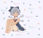  adapted_costume bandaid bandaid_on_knee bare_arms bare_legs barefoot blue_background blue_bow blue_dress blue_eyes blue_hair bow cirno closed_mouth commentary_request dress expressionless fish flower hair_bow ice ice_wings knees_up leg_hug looking_away melting sailor_dress seashell shell short_hair simple_background sitting sleeveless sleeveless_dress solo sunflower tan tanline tanned_cirno touhou wings yujup 