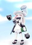  bag basket butterfly_net enemy_aircraft_(kantai_collection) food gloves hand_net hat highres horns kantai_collection northern_ocean_hime ogawa_shou pale_skin popsicle popsicle_stick red_eyes sandals shinkaisei-kan shirt straw_hat teeth torn_clothes torn_shirt toy white_hair white_skin 