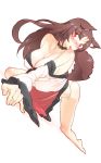  all_fours animal_ears bare_shoulders barefoot blush breasts brown_hair choker cleavage commentary_request covered_nipples detached_sleeves dress dress_lift eyebrows_visible_through_hair full_body hanging_breasts head_tilt highres huge_breasts imaizumi_kagerou licking_self licking_shoulder long_hair looking_to_the_side no_bra no_pants non_(z-art) panties red_eyes simple_background solo tail tongue tongue_out touhou underwear white_background white_panties wide_sleeves 