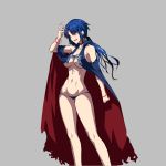  breasts cape cleavage contrapposto elesia extra_eyebrows fingernails grey_background groin highres licking_lips long_fingernails long_hair low_ponytail lowleg lowleg_panties medium_breasts naked_cape navel panties tongue tongue_out torn_cape tsukihime underwear 