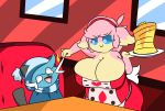  anthro audino big_breasts breasts cleavage clothed clothing dewott dewy-eyedboy duo female food hair hat headwear male nintendo open_mouth pancake pok&eacute;mon pok&eacute;mon_(species) simple_background size_difference video_games wide_hips 