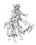  0laffson 2017 4_toes 5_fingers anthro cheetah clothed clothing digitigrade feline fur male mammal simple_background solo spots spotted_fur toes traditional_media_(artwork) weapon white_background 