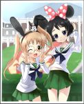  2girls ;d animal_ears bangs black_eyes black_hair black_neckwear blouse blue_skirt bow brown_eyes brown_hair building bunny_ears cloud cloudy_sky commentary cosplay cowboy_shot day double_v eyebrows_visible_through_hair fake_animal_ears girls_und_panzer glasses green_skirt hair_bow hands_on_headwear head_tilt highres kneehighs leaning_forward long_hair long_sleeves looking_at_viewer mickey_mouse_ears miniskirt minnie_mouse minnie_mouse_(cosplay) multiple_girls navel neckerchief one_eye_closed ooarai_school_uniform oono_aya open_mouth oswald_the_lucky_rabbit outdoors pink_bow pleated_skirt polka_dot polka_dot_bow round_eyewear school_uniform serafuku short_hair skirt sky smile standing thighhighs toon_(noin) twintails utsugi_yuuki v white_blouse 