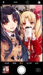  bangs beige_coat black_bow black_hair blonde_hair blush bow coat coffee_cup commentary_request cup disposable_cup duffel_coat earrings ereshkigal_(fate/grand_order) fate/grand_order fate_(series) hair_bow hoop_earrings ishtar_(fate/grand_order) jewelry long_hair looking_at_viewer multiple_girls open_mouth orange_eyes parted_bangs phone_screen red_bow red_coat scarf self_shot smile snowing tiara two_side_up yaoshi_jun 