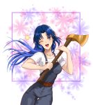  alternate_costume axe axia-chan blue_hair blush breasts ciel collarbone floral_background floral_print highres long_hair medium_breasts one_eye_closed open_mouth overalls shirt smile t-shirt tsukihime white_shirt 
