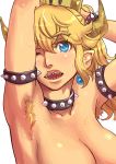  arm_up armpit_hair armpits bekkouame blonde_hair blue_eyes blush bowsette breasts collar collarbone crown eyebrows_visible_through_hair highres horns long_hair looking_at_viewer mario_(series) medium_breasts new_super_mario_bros._u_deluxe nude one_eye_closed open_mouth sharp_teeth solo spiked_armlet spiked_collar spikes super_crown sweat teeth upper_body white_background 