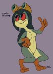  4_fingers amphibian anthro asui_tsuyu breasts english_text eyewear featureless_breasts female frog goggles hair my_hero_academia nude randolfsparks red_eyes smile solo text thumbs_up 
