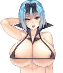  arm_behind_head bare_shoulders blue_hair breasts brown_eyes collarbone covered_nipples fangs highres huge_breasts looking_at_viewer masao open_mouth original short_hair sleeveless solo underboob vampire 