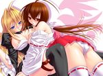  blonde_hair blue_eyes breasts brown_eyes brown_hair chocola_(artist) large_breasts long_hair multiple_girls musubi nipples panties sekirei thighhighs tsukiumi underwear yuri 