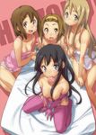  akiyama_mio bare_shoulders barefoot blush_stickers bottomless breasts camisole cleavage condom condom_in_mouth condom_wrapper elbow_gloves garter_belt gloves hair_ornament hairband hairclip happy highres hirasawa_yui k-on! kotobuki_tsumugi large_breasts lingerie looking_at_viewer looking_up lotion medium_breasts mouth_hold multiple_girls naked_towel nipples no_pants panties pink_legwear pink_panties sameda_koban strap_lift tainaka_ritsu take_your_pick thighhighs towel underwear underwear_only white_panties 