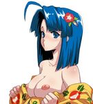  ahoge ao_don bare_shoulders blue_eyes blue_hair breasts hair_ornament hanabi_(series) hazuki_(hanabi) hou_(hachiyou) japanese_clothes kimono large_breasts nipples no_bra o3o solo undressing yellow_kimono yukata 