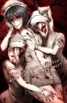  black_hair breasts bubble_head_nurse cleavage commentary dress faceless gloves hat highres kamaniki large_breasts monster_girl multiple_girls nurse nurse_(silent_hill) nurse_cap open_clothes short_dress short_hair silent_hill silent_hill_2 silent_hill_3 white_gloves 