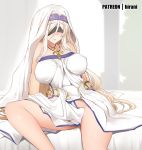 bed_sheet blindfold blonde_hair blush breasts breasts_apart commentary_request dress ginhaha goblin_slayer! groin jewelry large_breasts long_hair necklace no_panties on_bed parted_lips patreon_username pubic_hair sitting solo sword_maiden 