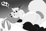  2018 absurd_res anthro bed butt canine cuddling cute_fangs eyes_closed female fox gloves_(marking) greyscale happy hi_res lagomorph lionalliance mammal markings monochrome nakhta nightgown on_bed plushie rabbit raised_tail sleeping smaller_version_at_source smile socks_(marking) solo sound_effects thought_bubble zzz 