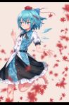  autumn_leaves bangs barefoot beige_background black_neckwear black_ribbon black_skirt blue_bow blue_eyes blue_hair blue_nails blush bow breasts cirno commentary cosplay eyebrows_visible_through_hair feet_out_of_frame floral_print hair_between_eyes hair_bow hair_ribbon hand_up hat highres ice ice_wings leg_up letterboxed nail_polish neck_ribbon petticoat puffy_short_sleeves puffy_sleeves red_ribbon ribbon roke_(taikodon) shameimaru_aya shameimaru_aya_(cosplay) shirt short_hair short_sleeves simple_background skirt small_breasts smile solo tassel tokin_hat touhou white_shirt wings wrist_ribbon 