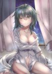  1girl blush breasts closed_mouth eyebrows_visible_through_hair green_eyes green_hair hair_between_eyes heterochromia kantai_collection kiso_(kantai_collection) long_sleeves looking_at_viewer medium_breasts night shirt short_hair sitting wariza white_shirt window yellow_eyes yuihira_asu 