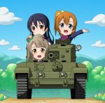  black_hair blue_eyes brown_eyes brown_hair caterpillar_tracks chibi cloud commentary_request cromwell_(tank) day enter_enter_mission! flower girls_und_panzer ground_vehicle kousaka_honoka long_hair love_live! love_live!_school_idol_project military military_vehicle minami_kotori motor_vehicle mountain multiple_girls neckerchief one_side_up school_uniform sky smile sonoda_umi tank tree uniform yellow_eyes yudoufu_(yudouhu) 