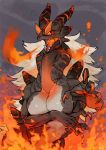  1girl bebebebe breasts dragon fire flame flame_mouth furry open_mouth red_eyes solo 