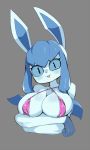  :3 anthro black_eyes blue_fur blue_hair blue_sclera blush canine clothed clothing collarbone crossed_arms eeveelution female fur glaceon grey_background hair happy koutamii looking_at_viewer mammal nintendo open_mouth pok&eacute;mon pok&eacute;mon_(species) simple_background smile solo swimsuit upper_body video_games 
