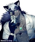  2018 abs anthro black_nose canine clothed clothing digital_media_(artwork) facial_hair fur grung hair hi_res male mammal muscular muscular_male necktie open_shirt pecs scar tattoo wolf 