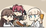  &gt;:) aircraft airplane arashio_(kantai_collection) black_gloves blonde_hair blue_eyes brown_eyes brown_hair commentary dated dougi eyebrows_visible_through_hair food gloves grey_sailor_collar hair_between_eyes hamu_koutarou highres japanese_clothes kantai_collection kinu_(kantai_collection) long_hair long_sleeves motion_lines multiple_girls open_mouth red_hair red_ribbon remodel_(kantai_collection) ribbon sailor_collar sausage shin'you_(kantai_collection) shirt short_hair short_sleeves sitting smile v-shaped_eyebrows white_shirt 