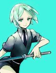  androgynous aqua_background gem_uniform_(houseki_no_kuni) green_eyes green_hair houseki_no_kuni looking_at_viewer necktie phosphophyllite roji_(rozio) short_hair smile solo sword weapon 