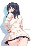  ass back bangs black_hair black_skirt blue_eyes blush commentary_request copyright_name highres hips long_hair long_sleeves looking_at_viewer looking_back open_mouth panties parted_lips pink_panties shuugetsu_karasu simple_background skirt ssss.gridman sweater takarada_rikka underwear white_background white_sweater 