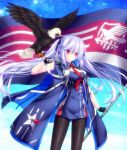  azur_lane bird blue_hair bubble commentary_request eagle essex_(azur_lane) fingerless_gloves flag gloves jacket long_hair looking_at_viewer mikoto_(mikoto_r_a) necktie pantyhose red_eyes sleeveless star twintails 