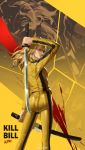  alien_li artist_name beatrix_kiddo blonde_hair bruce_lee's_jumpsuit copyright_name elle_driver highres katana kill_bill looking_back o-ren_ishii red_eyes solo source_request standing sword weapon 