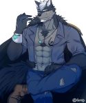  abs anthro black_nose canine chest_tuft clothing digital_media_(artwork) facial_hair fur grung hair hi_res male mammal muscular open_hoodie pecs scar tuft wolf 