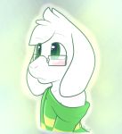  anthro asriel_dreemurr bare_shoulder blush caprine clothed clothing darknader eyewear fangs glasses goat green_eyes head_tuft long_ears male mammal off_shoulder shirt solo sweater undertale video_games young 