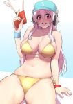  :d angelo_(gomahangetsu) arm_at_side baseball_cap bikini blush bracelet breasts cleavage commentary_request eyebrows_visible_through_hair hair_between_eyes hat headphones highres jewelry large_breasts long_hair megaphone navel nitroplus open_mouth pink_hair red_eyes side-tie_bikini sidelocks sitting skindentation smile solo super_sonico swimsuit wristband yellow_bikini 