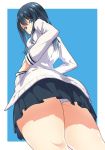  ass blue_eyes blue_hair cardigan commentary_request from_below hands_in_pockets long_hair long_sleeves looking_at_viewer looking_back panties pantyshot pleated_skirt rikosyegou school_uniform skirt solo ssss.gridman takarada_rikka thick_thighs thighs underwear upskirt white_panties 