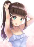  :d armpits arms_up bangs bare_arms bare_shoulders blue_camisole blunt_bangs blush breasts brown_hair bunching_hair camisole cleavage collarbone commentary_request eyebrows_visible_through_hair green_eyes hair_ornament hairclip head_tilt high_ponytail highres kurosawa_dia long_hair love_live! love_live!_sunshine!! mole mole_under_mouth open_mouth ponytail sidelocks sin_(sin52y) small_breasts smile solo tying_hair upper_body white_background 