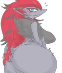  2018 3_fingers anthro blue_eyes blush breasts butt claws female fur grey_fur hand_on_butt looking_back meisaikawaii nintendo pok&eacute;mon pok&eacute;mon_(species) red_eyes simple_background solo sweat thick_thighs video_games white_background zoroark 