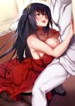  1girl ahoge azur_lane bangs bare_shoulders black_hair black_legwear blush breasts choker cleavage cocktail_dress collarbone commander_(azur_lane) commentary_request dress eyebrows_visible_through_hair garter_straps hair_between_eyes hair_ornament high_heels huge_breasts indoors jacket large_breasts licking_lips long_hair naughty_face oohira_sunset open_mouth pants red_choker red_dress red_eyes red_footwear sidelocks taihou_(azur_lane) thighhighs tongue tongue_out very_long_hair white_jacket white_pants 