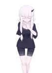  bangs black_bow black_shirt black_shorts bow collarbone commentary fate/grand_order fate_(series) hair_between_eyes hair_bow highres horn jilu lavinia_whateley_(fate/grand_order) long_hair pale_skin purple_eyes shirt short_shorts short_sleeves shorts simple_background solo standing white_background white_hair wide-eyed wide_sleeves 