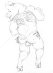  anthro arania balls butt clothing fangs feet looking_back male mammal monochrome open_mouth pig pointy_ears porcine rear_view sketch solo standing torn_clothing transformation 